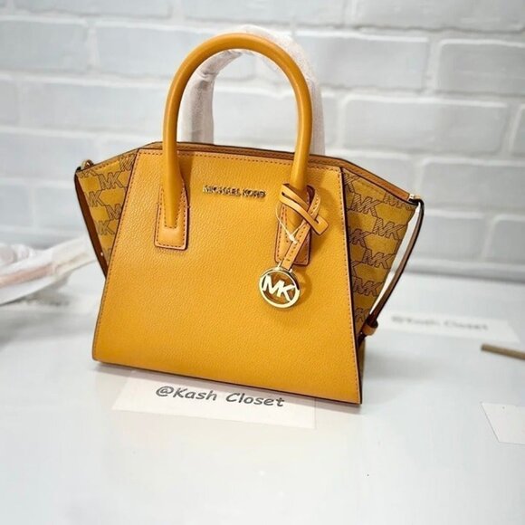 Michael Kors Satchel Avril Small Crossbody Bag MK Signature Honeycomb Yellow - Picture 10 of 11